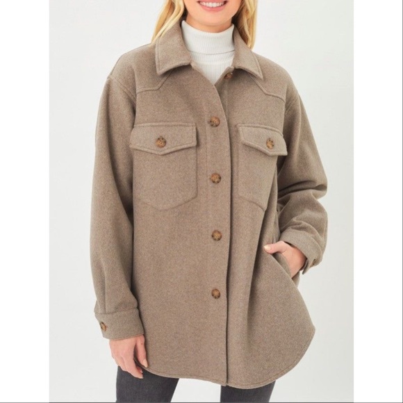 SOFT BRUSH CASHMERE FEEL BUTTON DOWN SHACKET WITH POCKETS - FAWN - Picture 5 of 6